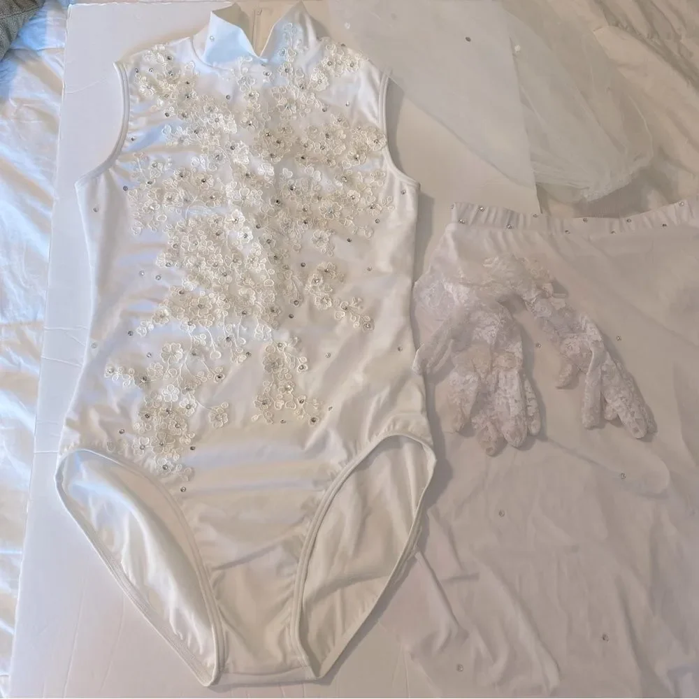 WEISSMAN custom solo Dance Costume white wedding bridal chapel veil gloves SA